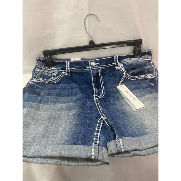 Nwt Grace in LA Women's Embellished Pocket Denim SZ 32 Easy Fit Distressed Short - Picture 4 of 15